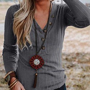 Long Sleeve V Neck Ribbed Button Knit Sweate